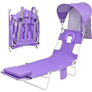 Backpack Beach Tanning Chair with Canopy and Face Hole, 6-Position Folding Lay Out Lounge Chair, UPF 50+ Wind-Resistant Sun Shade, Portable Recliner for Sunbathing, Outside, Poolside, Lawn, Patented
