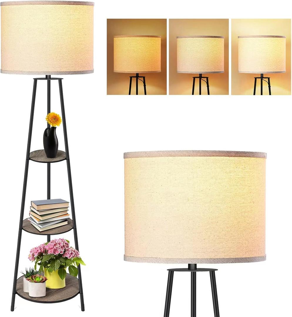 Floor Lamp, 3-Tier Round Corner Shelf Floor Lamp with 3 Dimmable Levels - Simple Standing Lamp with White Fabric Shade, Tall Modern Floor Lamps with Shelves for Bedroom, Living Room and Office (Black)