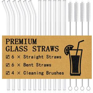 Piteno 16-Pack Reusable Glass Straws Set, Clear Glass Drinking Straws, 8.5''x10MM, Set of 6 Straight and 6 Bent with 4 Cleaning Brushes, Perfect for Smoothies, Milkshakes, Juice, Tea (8.5", Clear)
