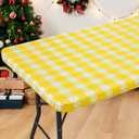 Rectangle Vinyl Table Cloth, Waterproof Elastic Fitted Tablecloth with Flannel Backing, Plastic Table Cover for Picnic, Camping, Outdoor (White & Yellow, 24"x48")