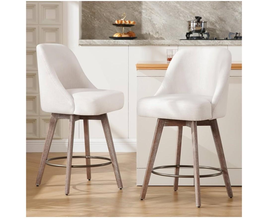 Bekrvio Counter Height Bar Stools Set of 2, Mid-Century Swivel Barstools with Backs and Wood Legs, Linen Fabric Upholstered Bar Chairs, 26" Seat Height Counter Stools for Kitchen Island, Off White