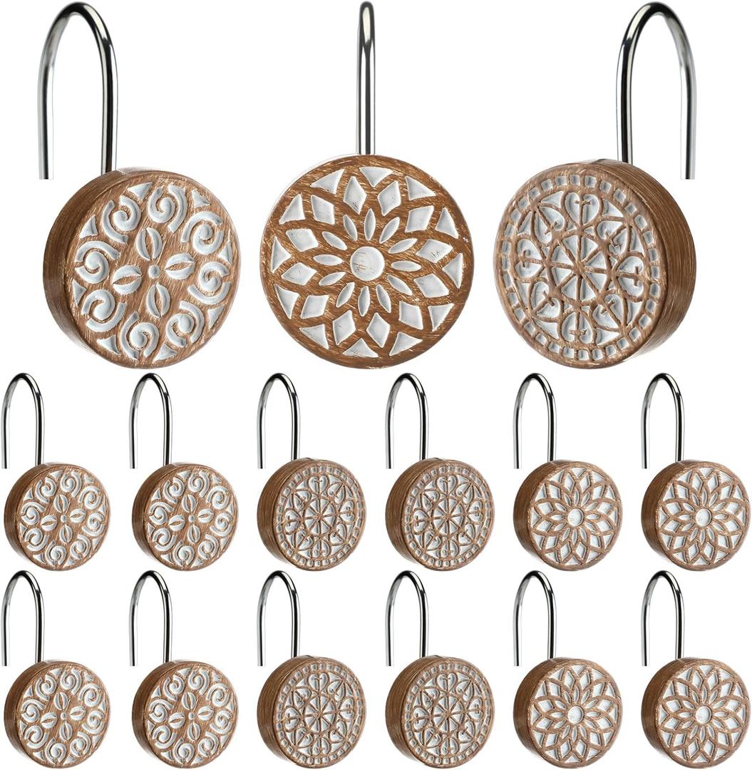 BreezeHug 12pcs Boho Shower Curtain Hooks Decorative Shower Curtain Hangers for Bathroom Rod Resin Round Rings with Brown Floral Pattern, Waterproof