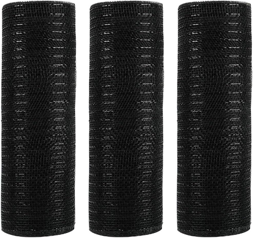 3 Rolls Black Deco Mesh Ribbon for Wreath Making Supplies, 10 Inch x 30FT Metallic Foil Burlap Deco Mesh Fabric for DIY Crafts Halloween Home Door Wreath Swags and Decorating