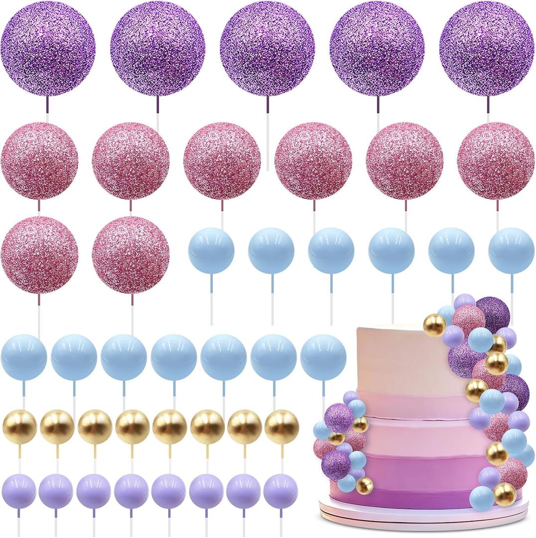 42 PCS Colorful Ball Cake Topper Purple Pink Balloons Cake Decoration Foam Balls Cake Decorations Princess Balloons Cupcake Topper for Ocean Mermaid Themed Baby Shower Party Birthday Wedding