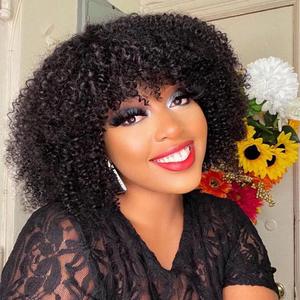 Short Kinky Curly Wig with Bangs Human Hair for Black Women Short Curly Bang Wig 250% Density Curly Bob Glueless Wig (12 inch)