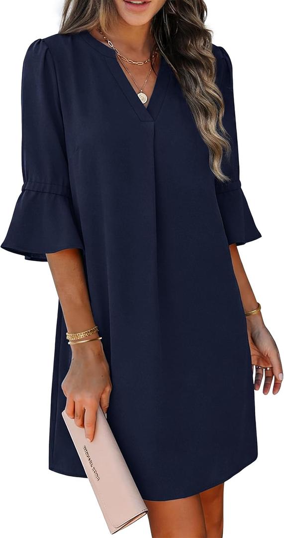 RUMIA Casual Dresses for Women Short Sleeve V Neck Daily Wear Shift Dress, Dark Blue L