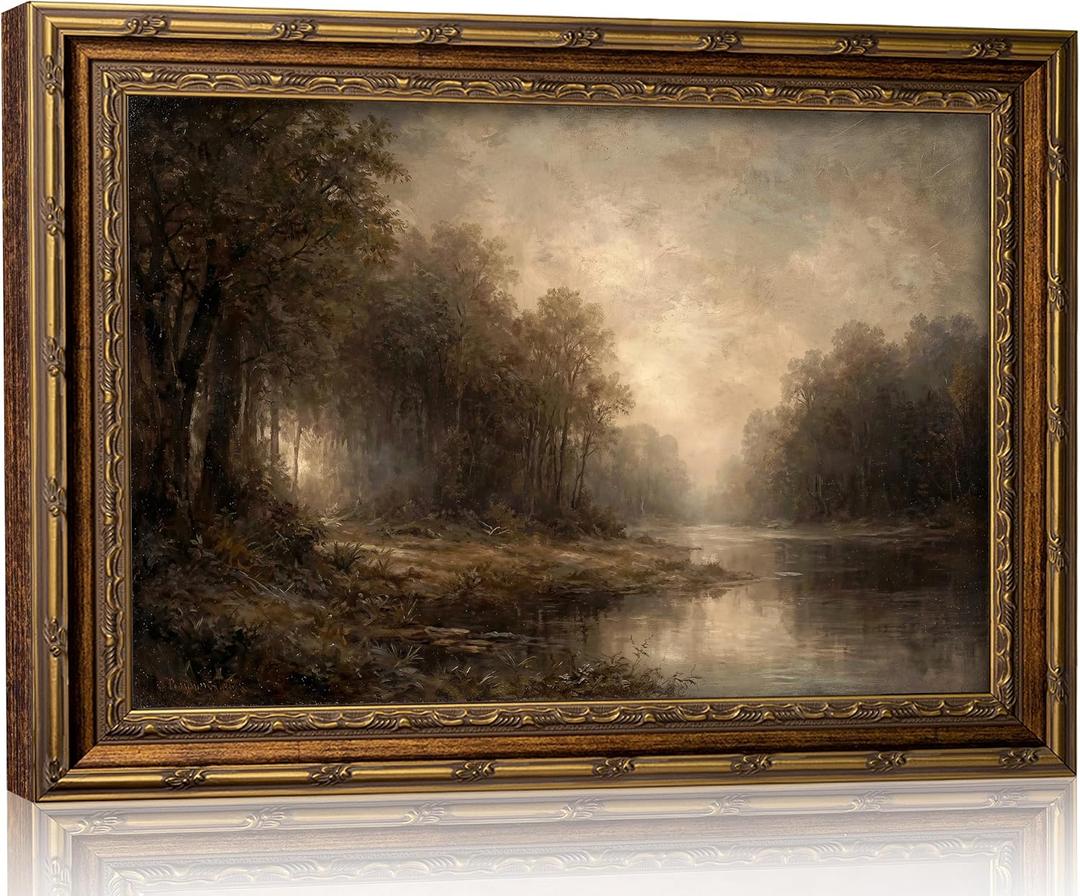 Vintage Gold Framed Forest River Wall Art Serene Woodland Landscape Canvas, 24"L x 16"W