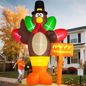 Danxilu 10 FT Giant Thanksgiving Inflatables Turkey Outdoor Decorations with Colorful Big Tail & Pilgrim Hat, Built-in LED Lights Inflatable Turkey Blow up Yard Decoration for Garden Lawn Fall Decor