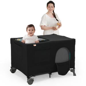 Pamo Babe Blackout Cover, Breathable Dark Cover for Pack and Play, Foldable & Stretchy Blackout Netting with Zippered Mesh for Travel Playard