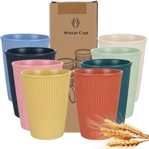 8 Pcs Wheat Straw Cups, Unbreakable Drinking Cup, BPA-Free Dishwasher Safe Water Glasses with 8 Colors for Drinking Water, Juice,Milk, Soda, Coffee,Easy to Clean & Reusable, 13.5 oz