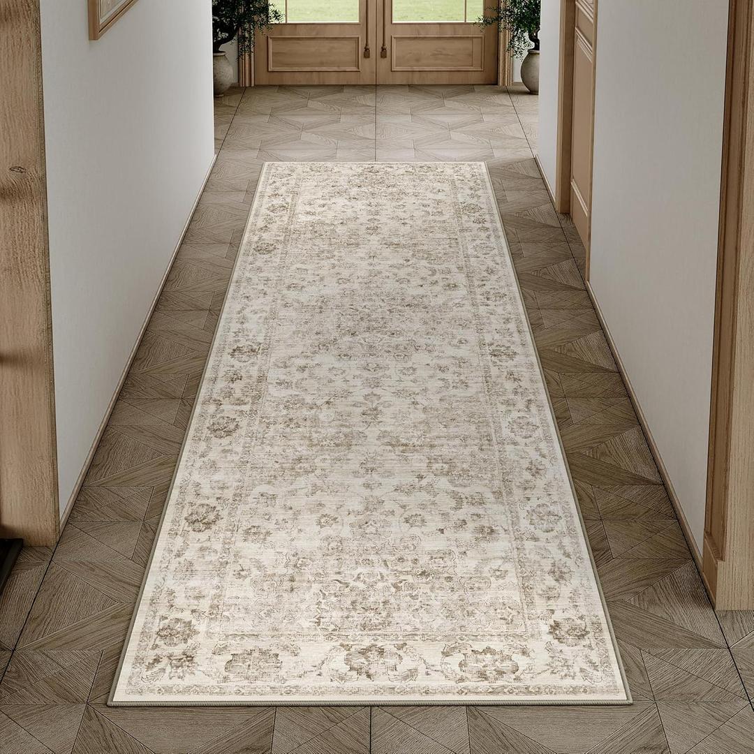 2x6 Washable Neutral Runner Rug Beige Hallway Kitchen Non-Slip Low Pile Floral Carpet Vintage Soft Thin Throw Rug for Bathroom Bedroom Entryway Laundry Dining Room
