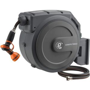 Giraffe Tools Retractable Garden Hose Reel 1/2 Inch x 130 ft, Super Heavy Duty, Any Length Lock, Slow Return System, Wall Mounted and 180 Deg Swivel Bracket (Dark Grey)