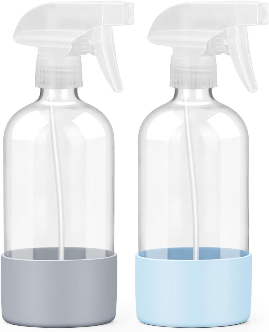 Worldgsb 2 Pack Glass Spray Bottles with Silicone Sleeve, 16 oz Empty Refillable Containers with Adjustable Spray Nozzles, Spray Bottles for Hair, Cleaning Solutions and Plants Blue&Grey