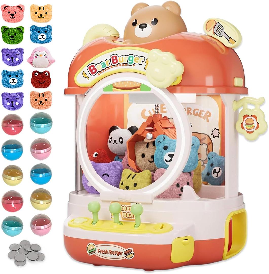Claw Machine for Kids, Cute Vending Machine for Age 5+, Bear Fun Toy with Prizes Plush and Capsule Inside for Girls, Birthday Party Gifts Provides Hours of Fun for Kids, Small