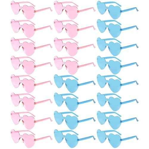 Morcheiong 24 Pack Heart Shaped Sunglasses Frameless Glasses Women Bachelorette Girl Birthday Party Favor Transparent Eyewear Blue and Pink