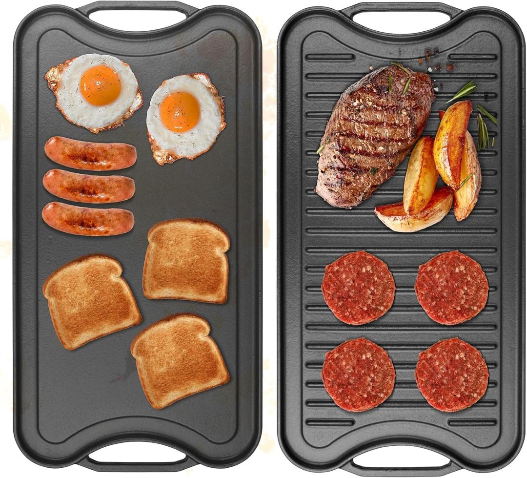 2 in 1 Reversible Cast Iron Griddles for Gas Grill,Flat Griddle-Pan for Gas Stove,Pre-Seasoned Oven Top Pan, Upgrade Double Burner Griddle for Indoor & Outdoor Cooking Accessories,20" X 10.5"