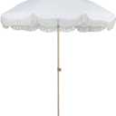 Tempera 7ft Boho Beach & Patio Umbrella with Fringe, Market Umbrellas with UPF 50+ UV & Water-Resistant Canopy, 1.5" Wood Pole & Button Tilt. (White)