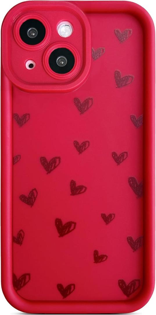 Qokey Compatible for iPhone 15 Case, Cute Hearts Shockproof Design, Soft TPU Protective Love for Women Girls, Anti-Scratch Slim Flower Cover, Wine Red