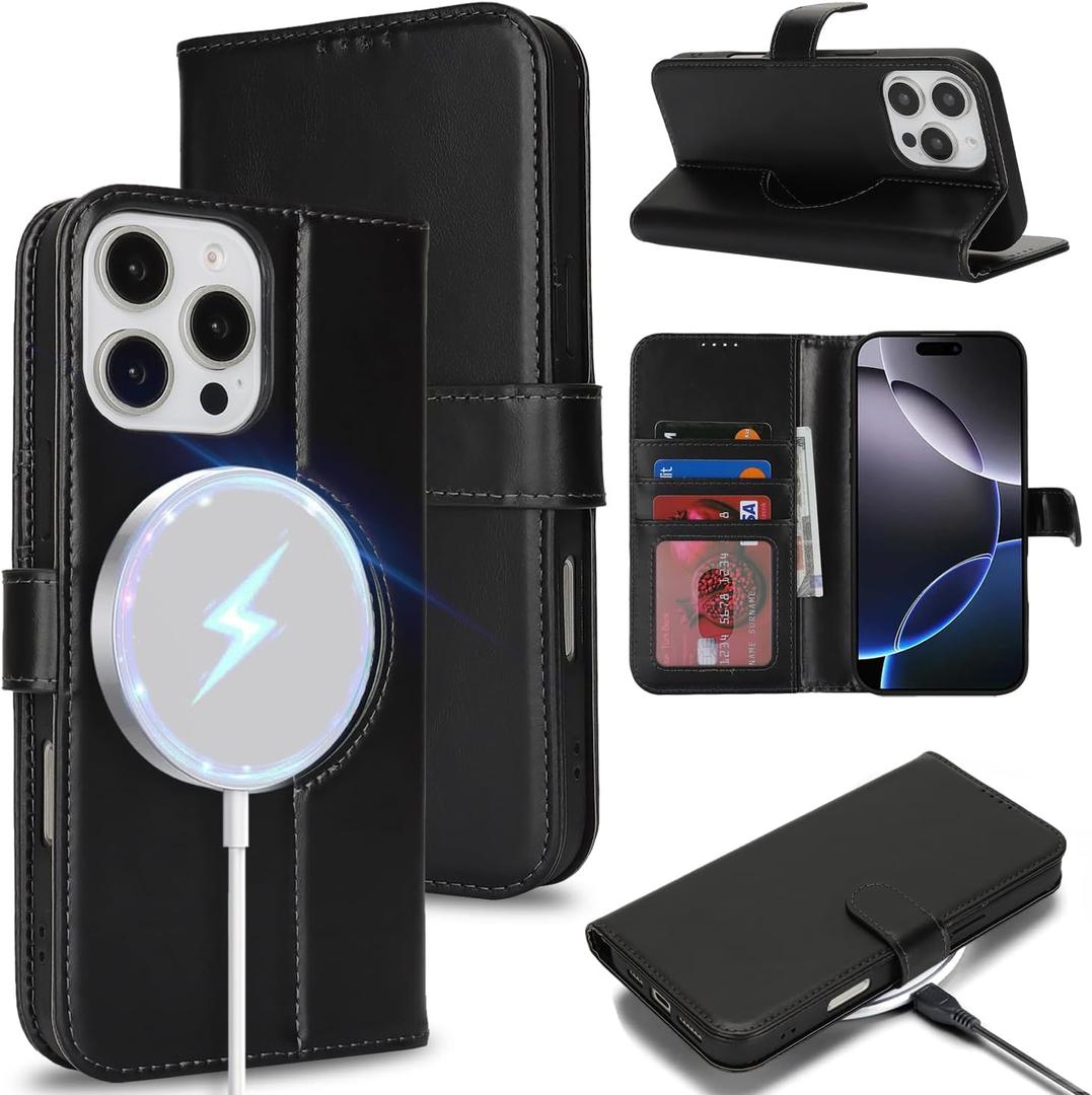 Zouzt for iPhone 16 Pro Max 6.9 Inch Genuine Leather Wallet Case with Card Holder, Compatible with MagSafe Magnetic Wireless Charging Flip Folio Cover Women Men for iPhone 16 Pro Max - Black