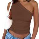Women's One Shoulder Tank Top Sleeveless Ruched Slim Fit Y2K Basic Going Out Crop Tops (Brown, L)