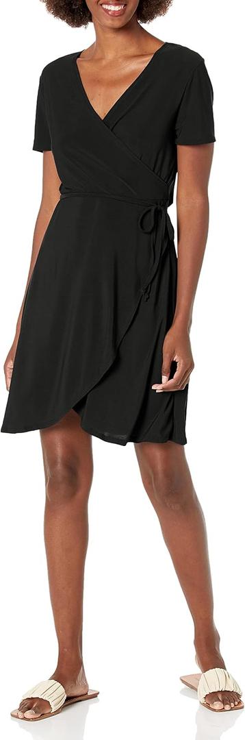 Star Vixen Women's Plus-Size Short-Sleeve Ballerina Wrap Dress (Black)