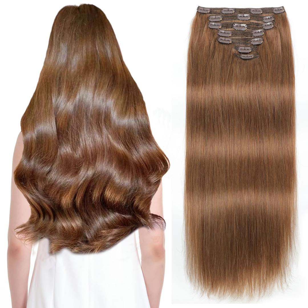 Sisily Clip in Hair Extensions Real Human Hair, 14 inch 130g, Medium Light Brown, 100% Brazilian Remy Human Hair Clip in Extensions Soft Straight 7pcs Per Set with 16 Clips Double Weft