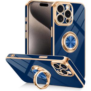 Tnarru Designed for iPhone 15 Pro Case with Ring Stand, 360 Rotatable Holder Support Magnetic Car Mount Soft TPU Plating with Full-Covered Lens Protection Phone Case for iPhone 15 Pro Blue