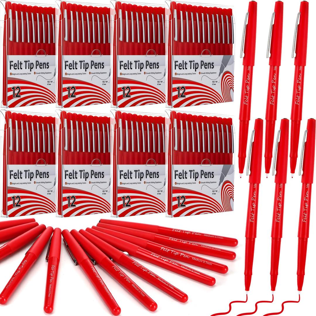 MotiMind 96 Pcs Red Felt Tip Pens 0.7mm Medium Point Pens Bulk, Felt Tip Markers for Journaling, Writing, Note Taking, Planner, Ideal for Office School Art Supplies Gift