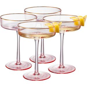 Khen Ribbed Vintage Art Deco Coupe Glasses - Martini, Champagne & Cocktail Ribbed Glasses 8oz | Crystal Ripple Goblet Glassware Set, Pink Gilded, 4 Pieces, Housewarming Gift