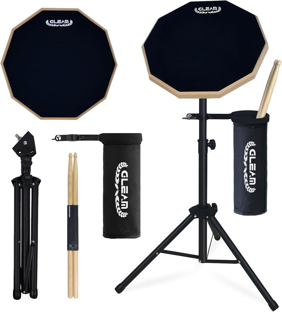 GLEAM Drum Practice Pad with Iron Drum Stand Set, 12-Inch Silent Practice Pad Kit with Drum Sticks, Drumstick Holder, Suitable for Beginners, Double Sided Black
