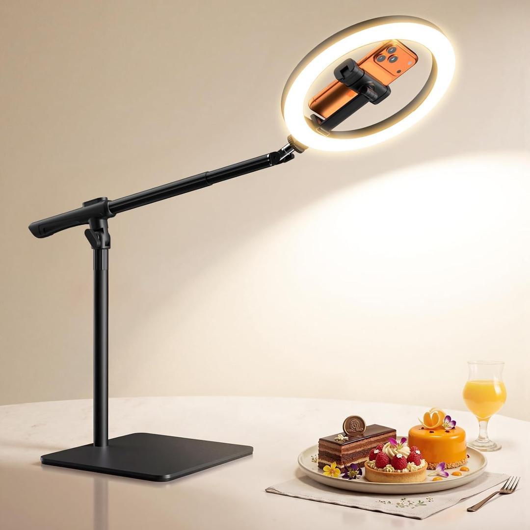 LUXSURE Ring Light with Stand for Desk,Adjustable Overhead Phone Mount with 10" Selfie Light Phone Tripod with Ring Light and Remote, Phone Stand with Light for Video Recording,Live Stream,Cooking (Black)
