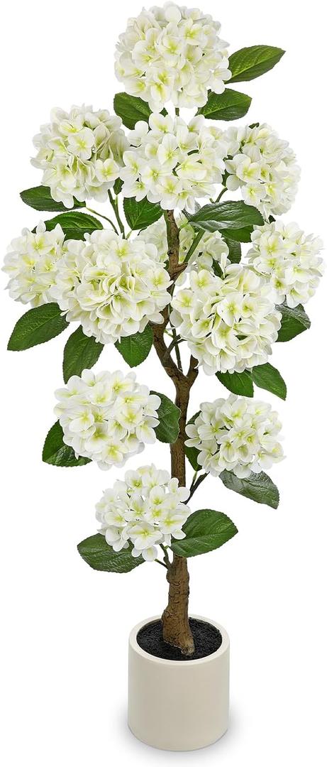 Hollyone 4FT White Hydrangea Artificial Flowers Tree Large Real Touch Faux Silk Hydrangea Plants Potted Fake Flower in White Pot for Home Indoor Outdoor Front Porch Garden Entrance Living Room Decor