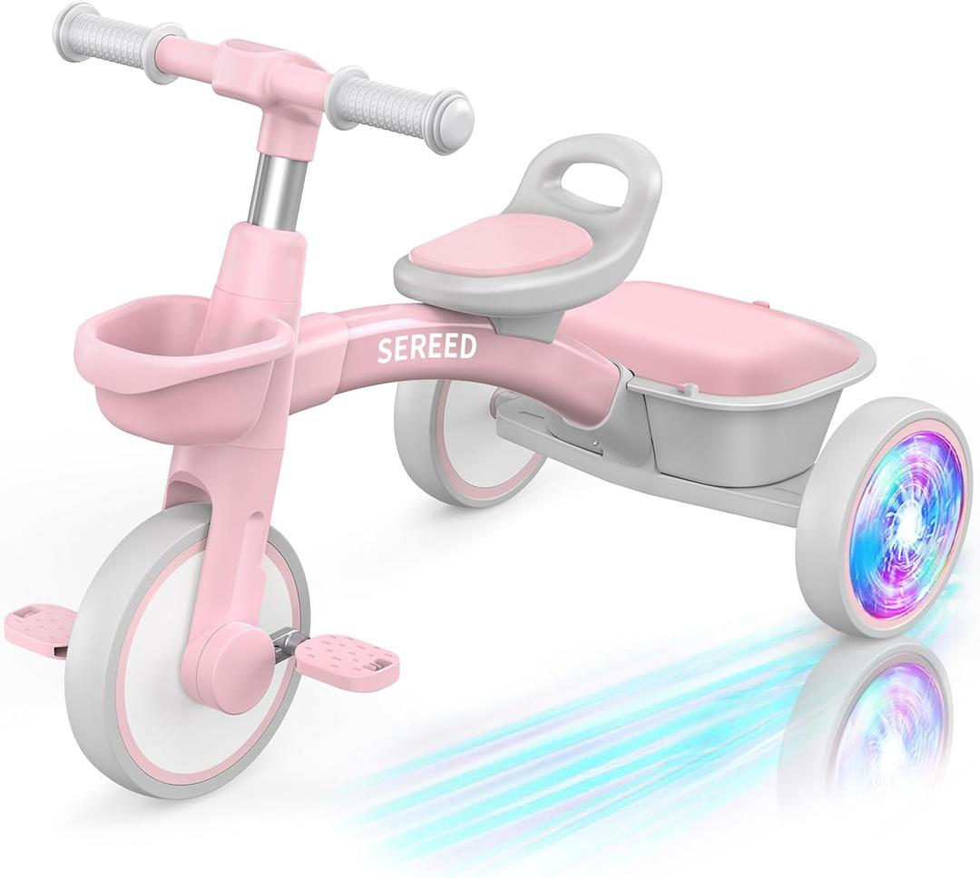 SEREED Colorful Lighting Toddler Tricycle for 2-5 Years Old Girls, Adjustable Seat&Handlebar Trike, Removable Basket, Birthday Gift Idea for Kids Ages 2+ (Pink)