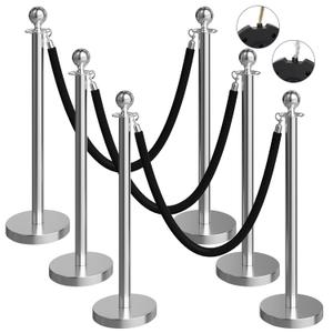 6 Pack Silver Stanchions and Velvet Ropes Set, Stainless Steel Crowd Control Barriers, 3Pcs Black Ropes and Poles for Party Supplies,Photobooth Accessories,Prom,Birthday,Business,Wedding, Museums