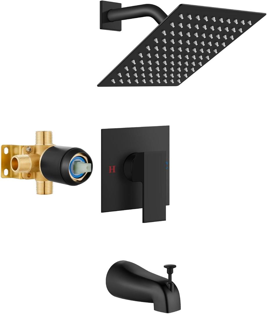 Shower Faucet Set with Tub Spout Bathtub Faucet Kit Shower Tub Faucet Set Complete Tub Shower Trim Kit with Solid Brass Rough-in Valve and Rainfall Square Showerhead Matte Black