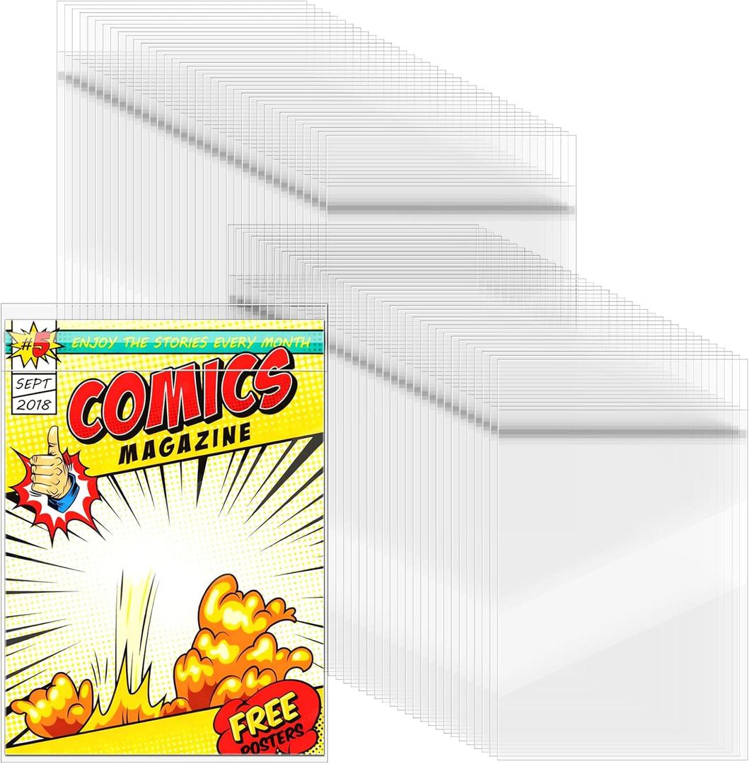 VOKOY 200 Pack Resealable Current Size Comic Book Bags, Crystal Clear Self Sealing Comic Sleeves Storage Protection for Regular Comics Magazine Storage, 7.2 X 10.6 Inches