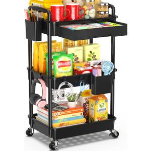 SUNALLY 3 Tier Rolling Cart with Drawer, Bathroom Storage Organizer with 2 Lockable Wheels, Multifunctional Rolling Storage Cart for Bathroom, Kitchen, Office, Craft, Makeup, Baby Essentials, Black