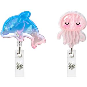 2 PCS Badge Reels Retractable Badge Holder Clip, Ocean Series Jellyfish and Dolphins Nurse Name Badge Reel Retractable 360Rotation ID Name Tag Card Badge Holder for Nurses Doctor