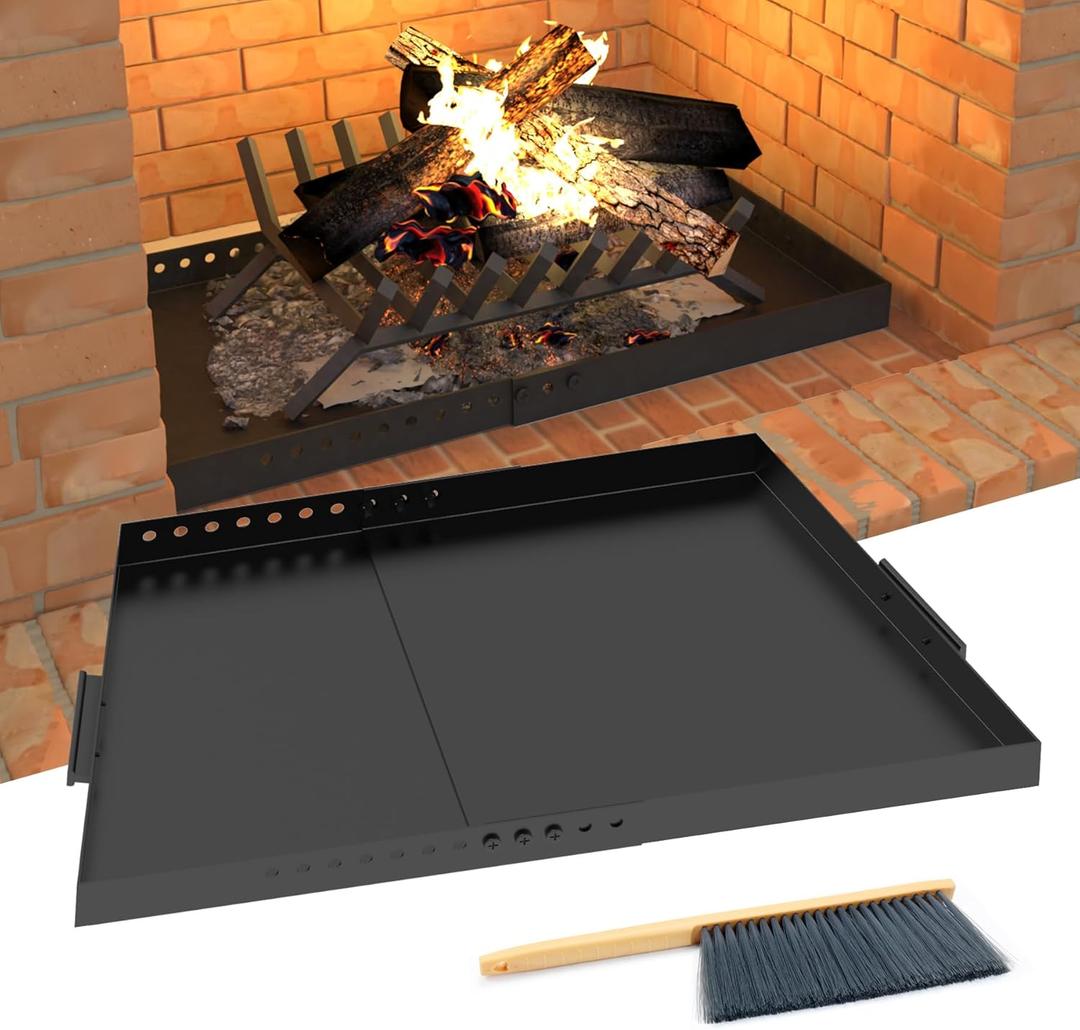 GCGOODS Fireplace Tray with Handles, Expandable Ash Pan for Ash Collection, Adjustable Ember Holder Fireplace Pan with Powder Coating, Brush Included for Easy Cleaning, Black, Trapezoidal