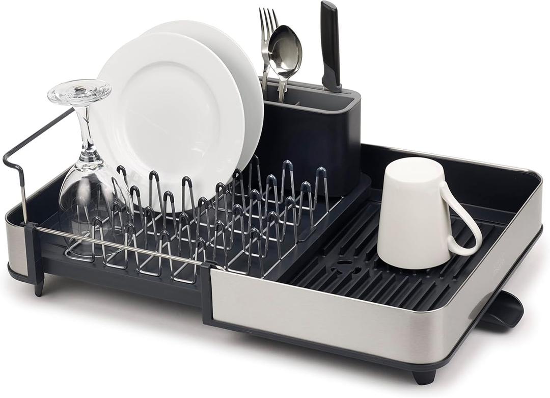 Joseph Joseph Extendable Dish Drying Rack with Dual Parts - Stainless Steel, Non-Scratch, Movable Utensil Drainer & Drainage Spout, Gray
