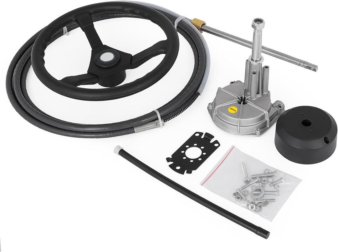 VEVOR Boat Steering System Kit, 12' Outboard Boat Steering Control Cable, 13.5" Steering Wheel, 3/ 4" Tapered Shaft, Alloy Marine Steering System, for Yachts, for Yachts, Fishing Boats, and Others