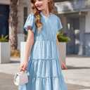 Arshiner Girls Dresses Summer Ruffle Sleeve Swiss Dot V Neck Twirl Birthday Party Midi Dress with Pockets (6, Light Blue)