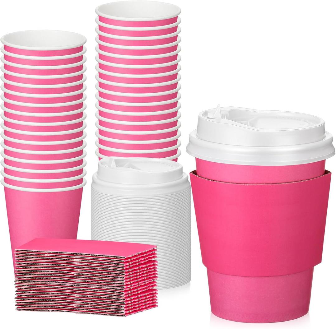 Patelai 48 Pcs 12 oz Disposable Coffee Cups with Lids and Sleeves Bulk, Insulated Hot Chocolate Paper Cup for Hot and Cold Beverage Water Juice Cocoa Tea Party Restaurants Travel Supplies (Dark Pink)