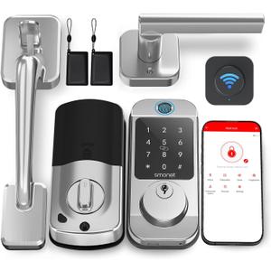 WiFi Front Door Lock Set - Keyless Entry Door Lock Deadbolt with Handle SMONET Fingerprint WiFi Smart Deadbolt, Digital App Control Keypad Auto Lockset with Code Fob App Compatible with Alexa Silver