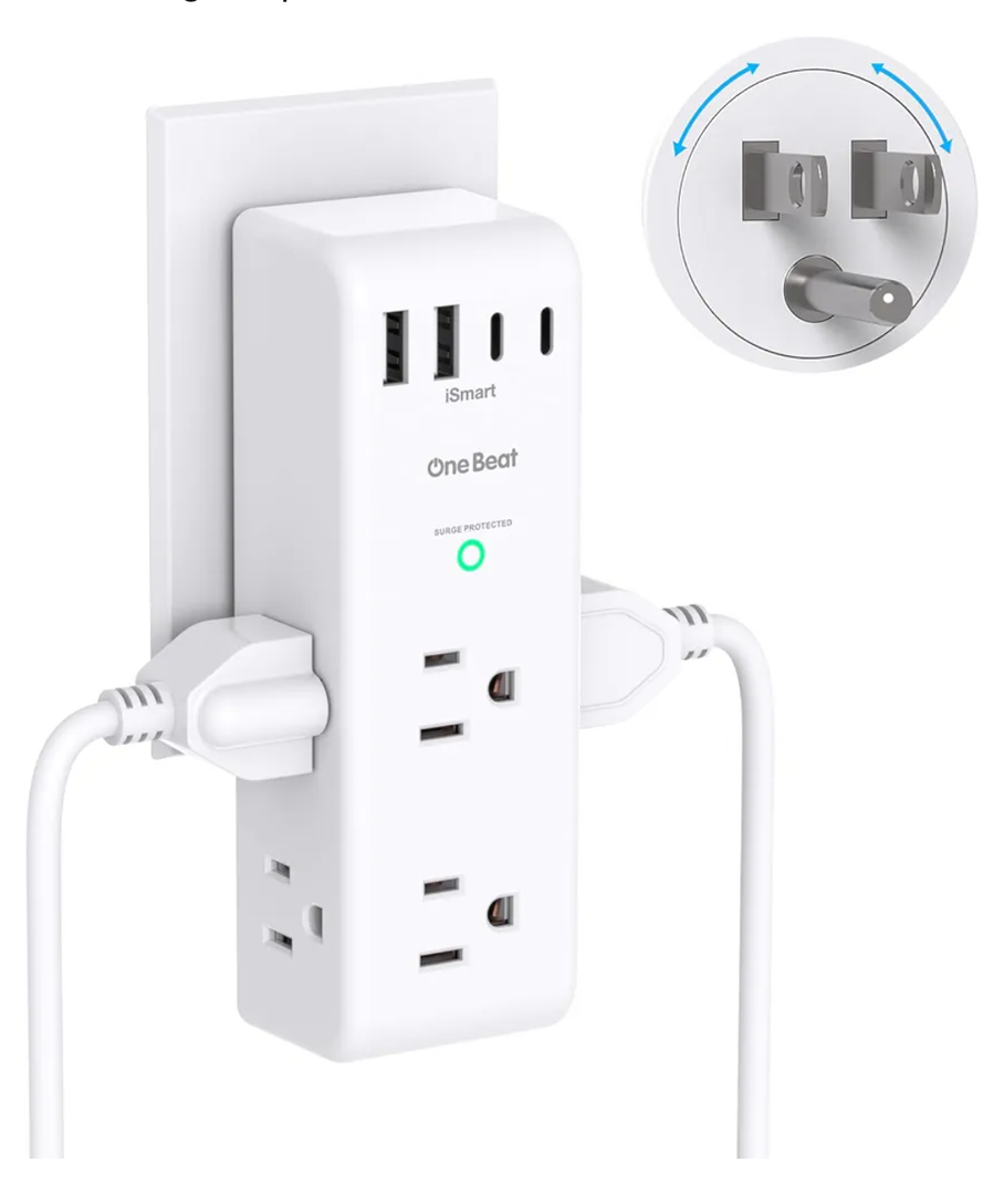 Surge Protector Outlet Extender - with Rotating Plug, 6 AC Multi Plug Outlet with 4 USB Ports (2 USB C), 1800J Wall Charger, 3-Sided Power Strip with Spaced Outlet Splitter for Home, Office, Travel
