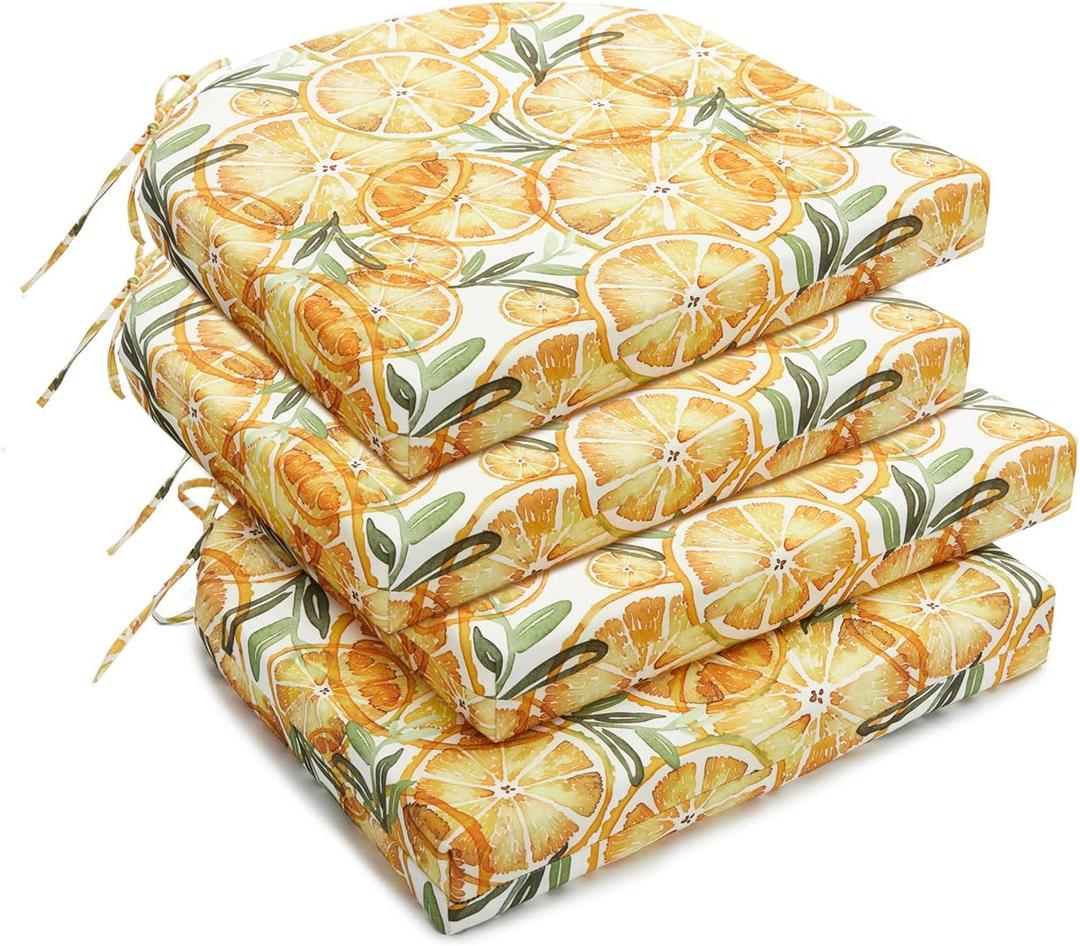 Downluxe Outdoor Chair Cushions Set of 4 for Patio Furniture, Waterproof Round Corner Patio Chair Cushions with Ties, Memory Foam Outdoor Seat Cushion, 17" X 16" X 2", Lemon Tree