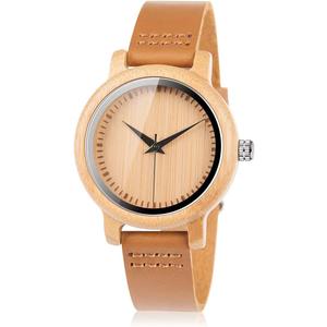BOBO BIRD Men's Women's Bamboo Wooden Watch with Brown Cowhide Leather Strap Analog Quartz Casual Watches
