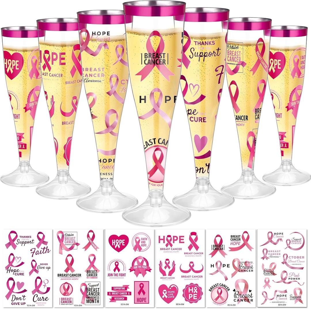 Honeydak 36 Pcs Breast Cancer Awareness Party Cups with 7 Pink Ribbon Heart Sticker 4.5 oz Plastic Disposable Champagne Flutes Breast Cancer Party Supplies Favors Clear Toasting Wine Glass for Women