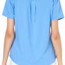 Women's V-Neck Ruffle Design Polo Shirts Short Sleeve Collared Loose Casual Tunic Blouses with Pocket (Blue, L)