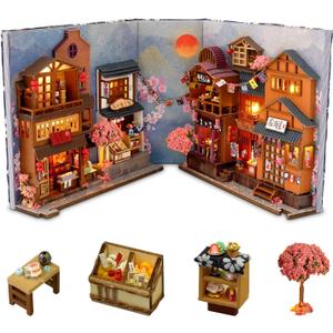 GuDoQi DIY Book Nook Kit, Dollhouse Wood Bookend, Booknook Bookshelf Insert, DIY Miniature Dollhouse Kit, Bookends Model Build for Adult, Gift for Birthday Christmas Day, Sakura Japan Corner